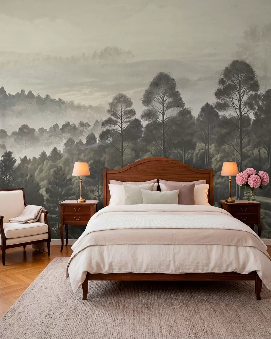 murais de parede Floresta densa e vale com nevoeiro w01871