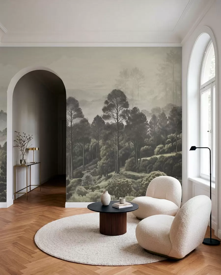 murais de parede Floresta densa e vale com nevoeiro w01871