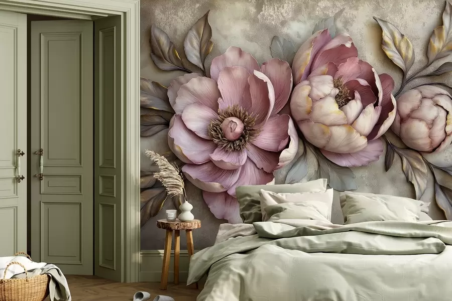 murais de parede Peónias roxas florais com folhas e pétalas em tons pastel suaves, estilo vintage w01825