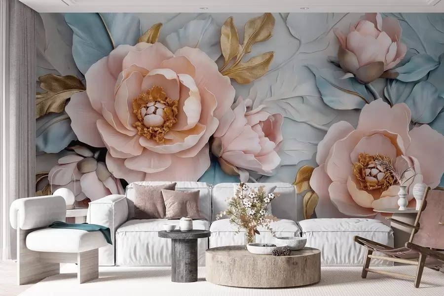 murais de parede Pétalas luxuosas e peónias cor-de-rosa em tons pastel de azul e rosa w01826