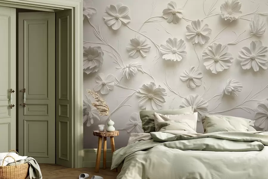 murais de parede Composição de flores em relevo branco num estilo minimalista e sofisticado w01828