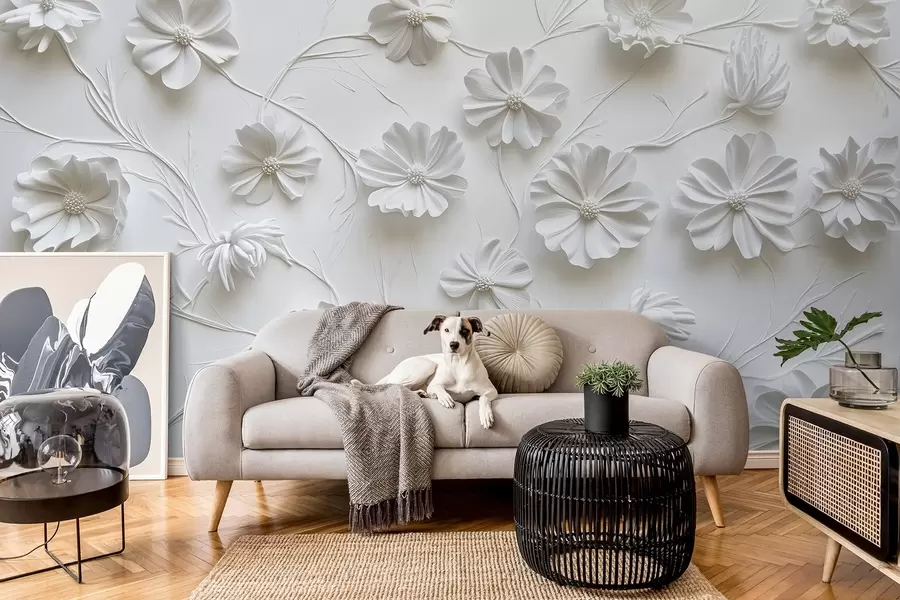 murais de parede Composição de flores em relevo branco num estilo minimalista e sofisticado w01828