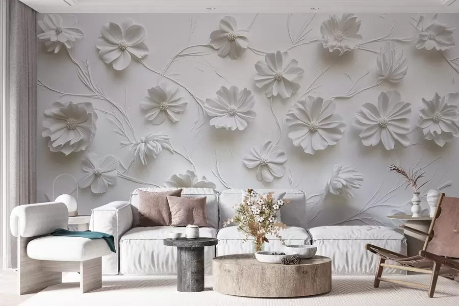 murais de parede Composição de flores em relevo branco num estilo minimalista e sofisticado w01828