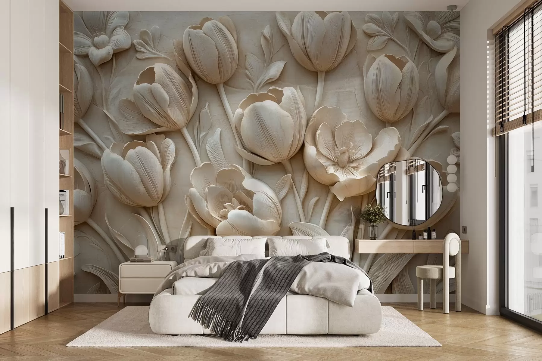 murais de parede arte floral 3D com graciosas tulipas em cor bege w01851