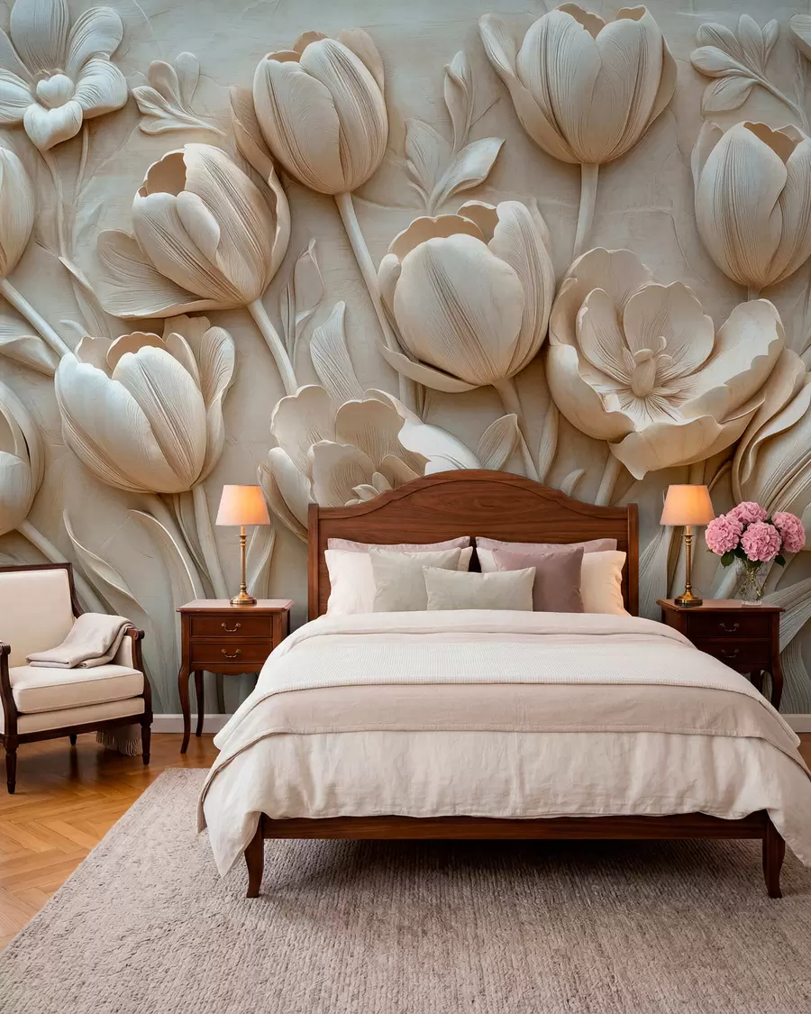 murais de parede arte floral 3D com graciosas tulipas em cor bege w01851