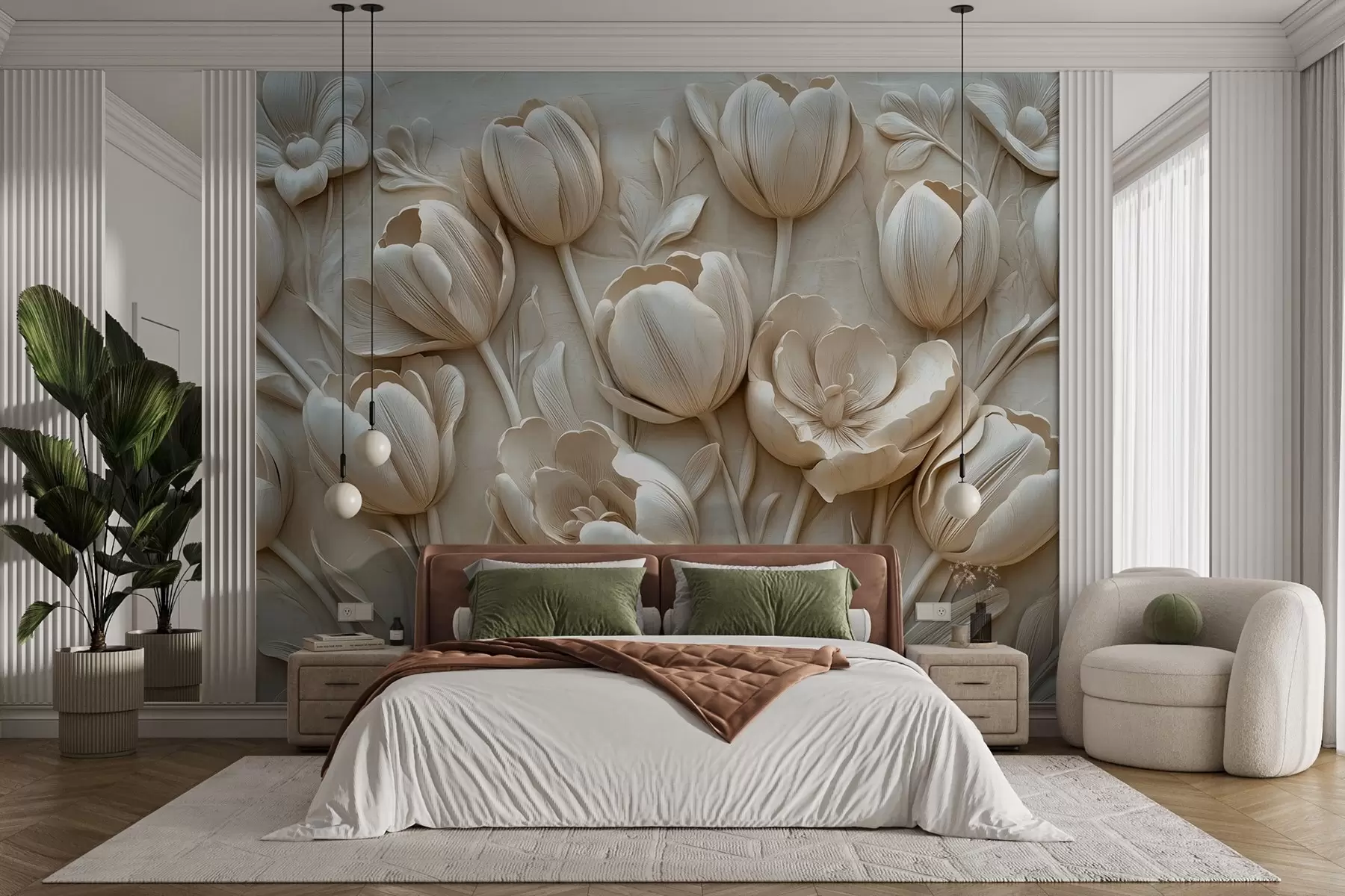 murais de parede arte floral 3D com graciosas tulipas em cor bege w01851