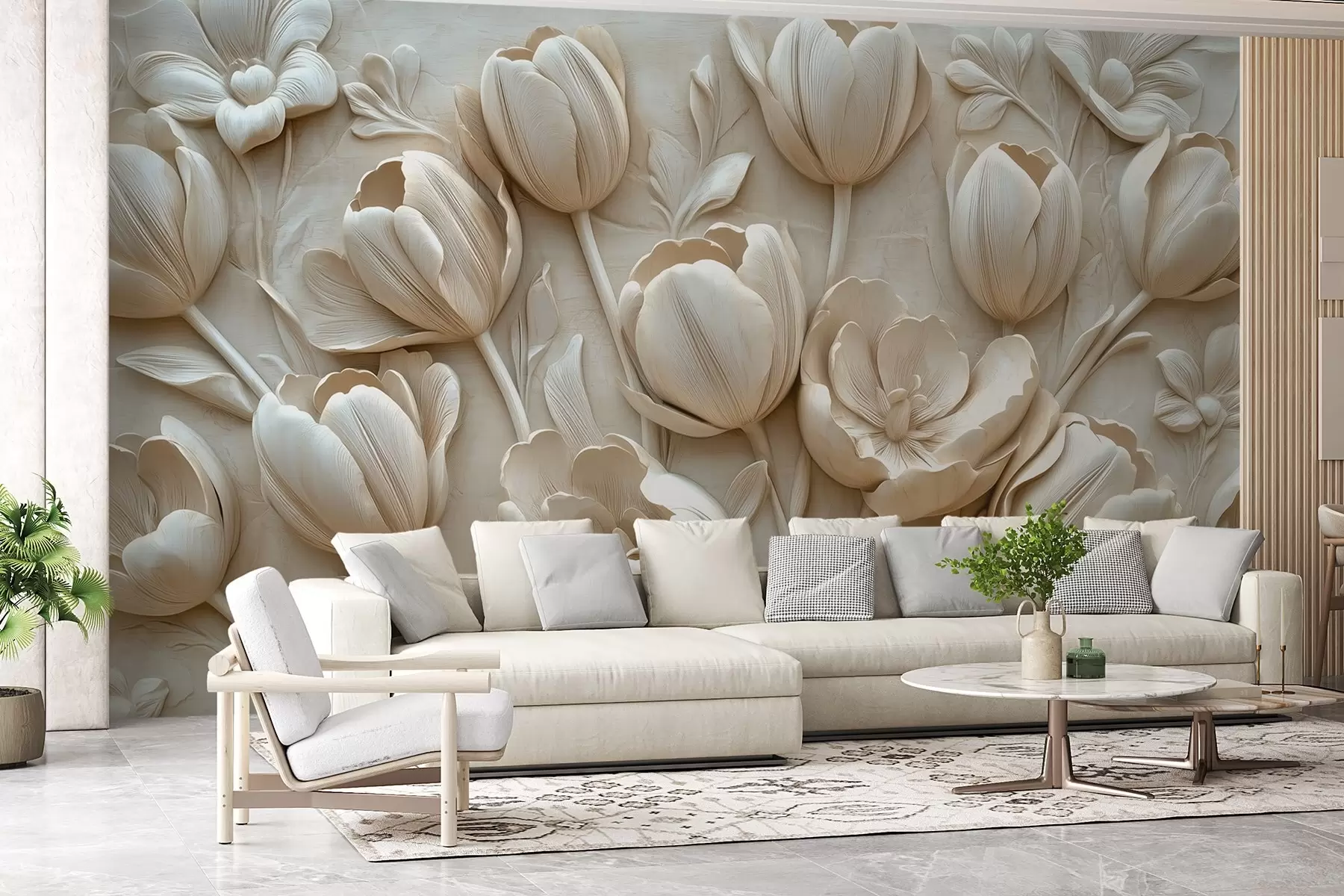 murais de parede arte floral 3D com graciosas tulipas em cor bege w01851