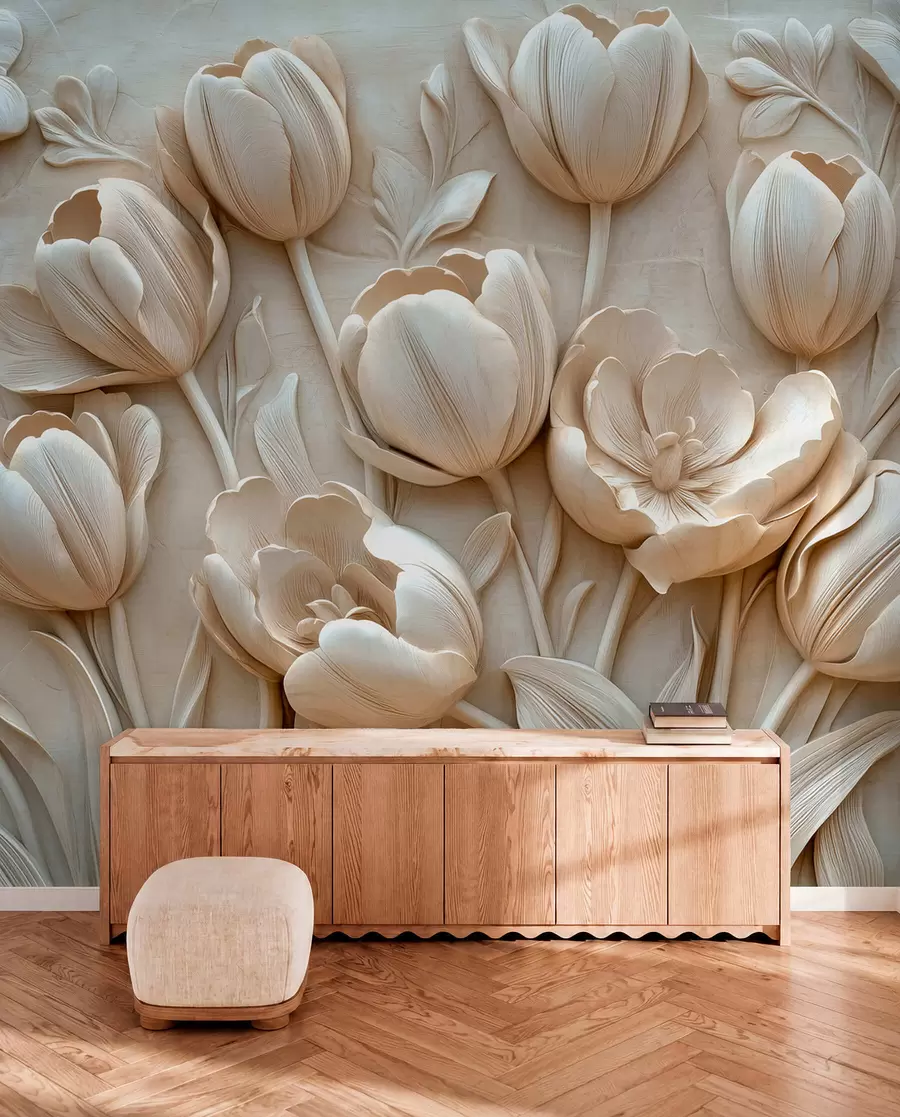murais de parede arte floral 3D com graciosas tulipas em cor bege w01851