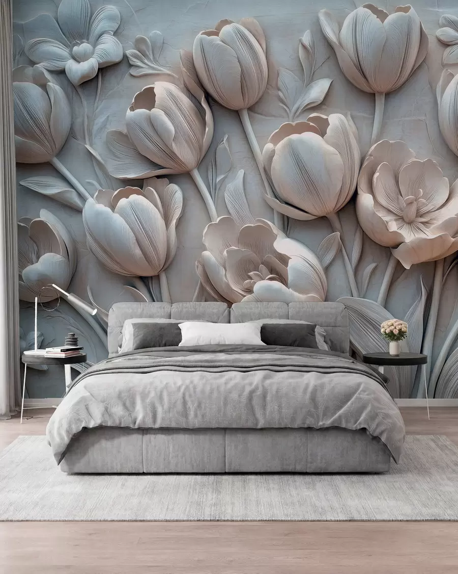 murais de parede arte floral 3D com graciosas tulipas em cinzento w01851v1