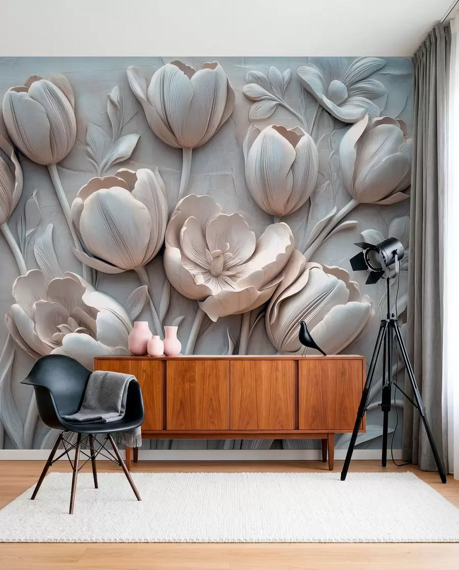 murais de parede arte floral 3D com graciosas tulipas em cinzento w01851v1