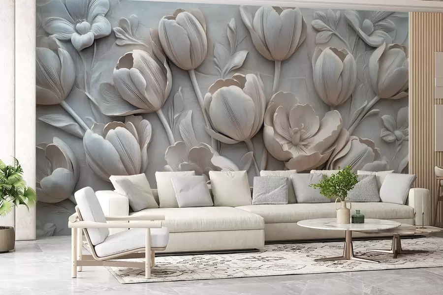 murais de parede arte floral 3D com graciosas tulipas em cinzento w01851v1