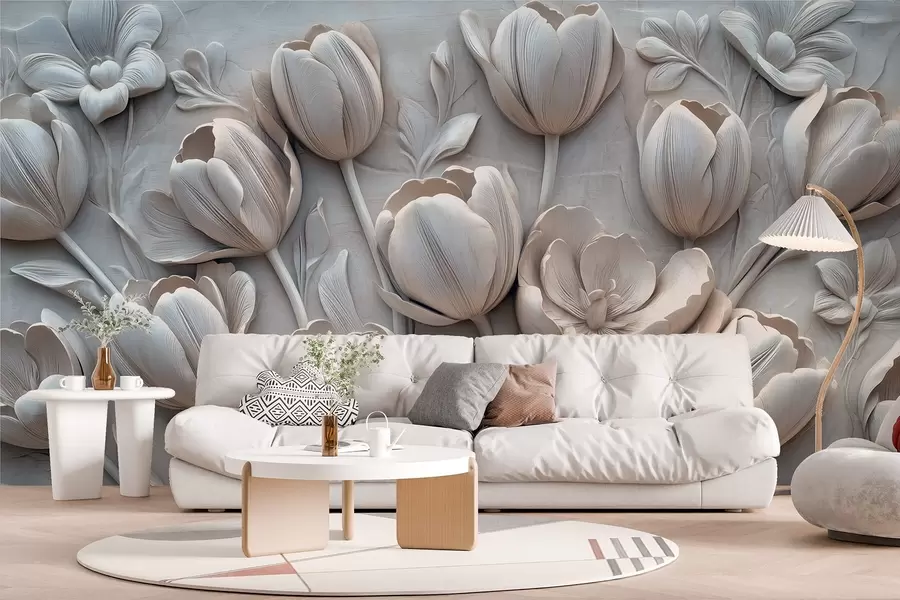 murais de parede arte floral 3D com graciosas tulipas em cinzento w01851v1