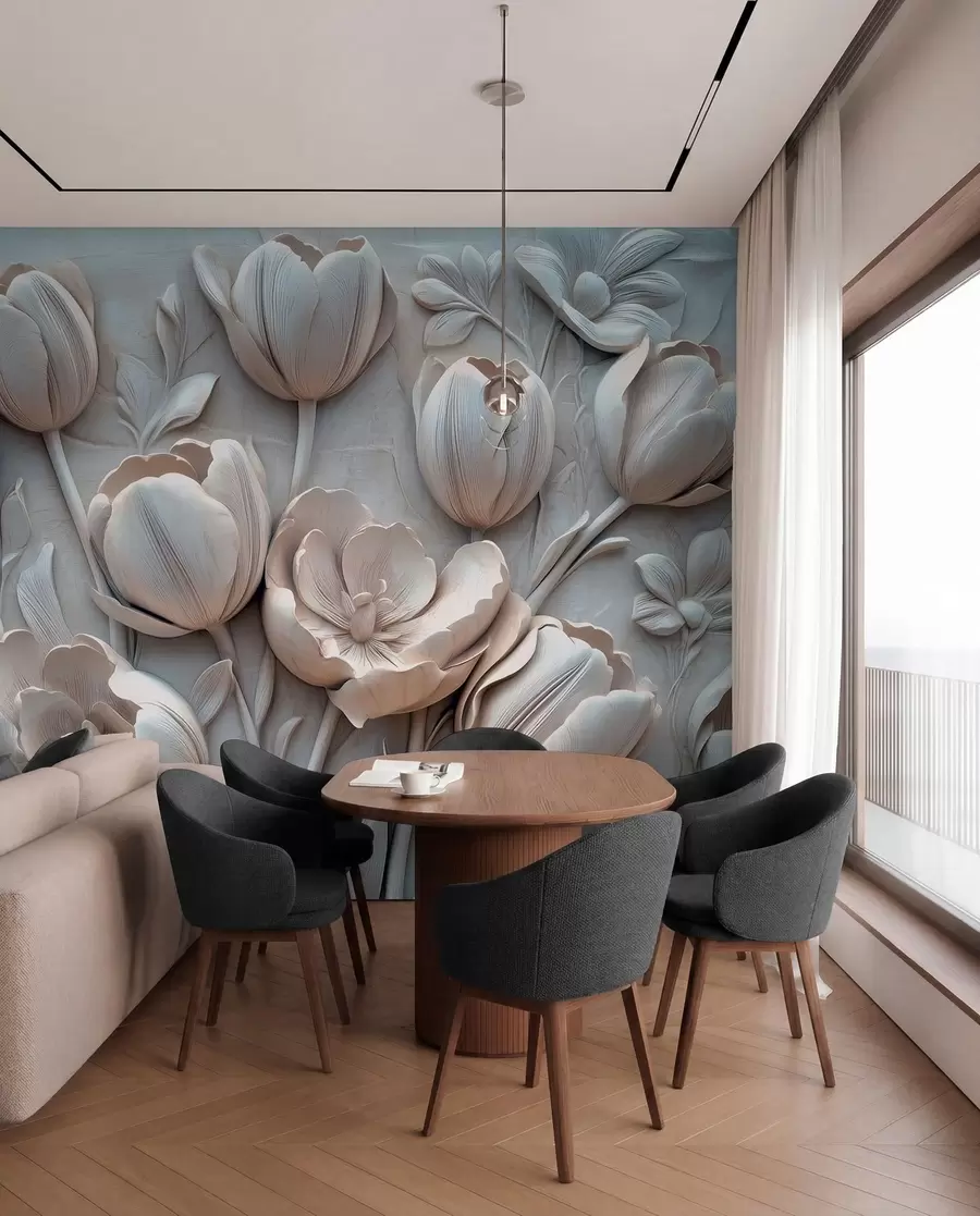 murais de parede arte floral 3D com graciosas tulipas em cinzento w01851v1