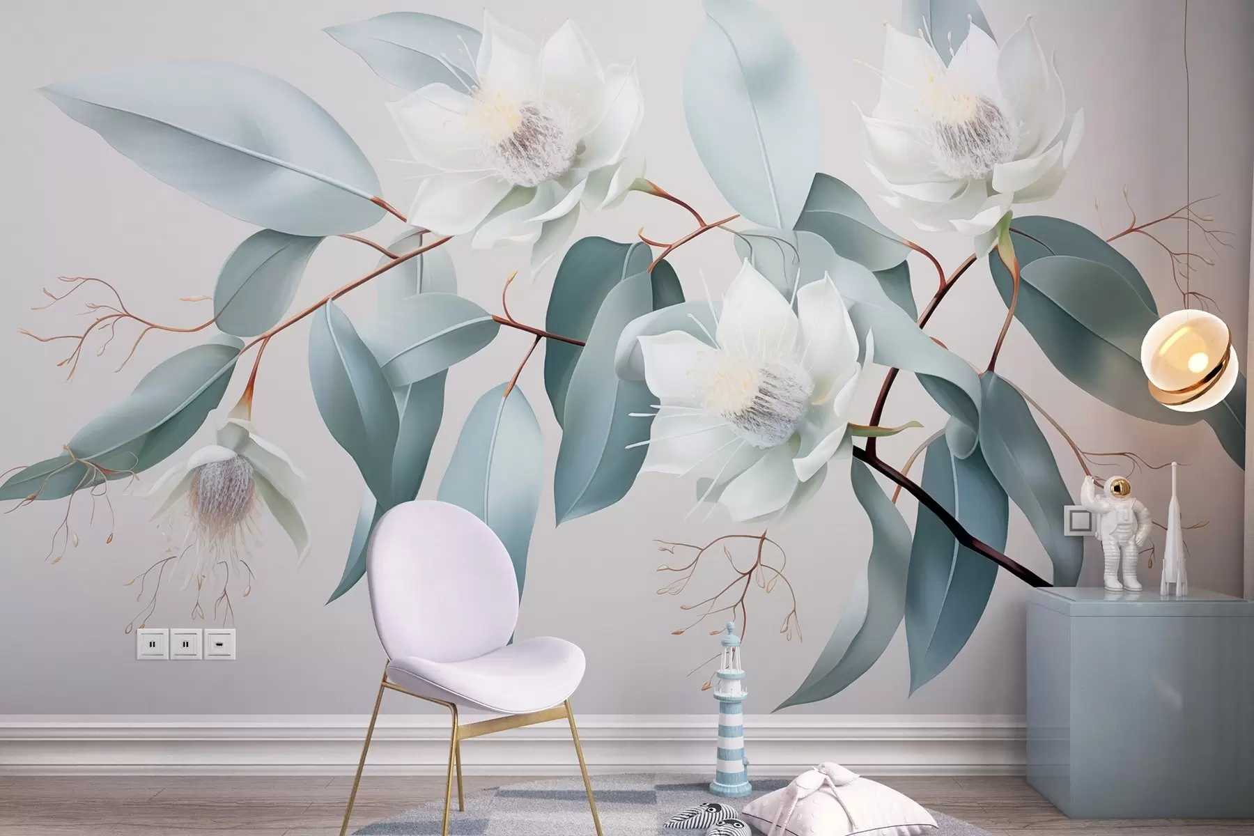 murais de parede Flores de jasmim no ramo, acrílico, cores cinzentas suaves w01885