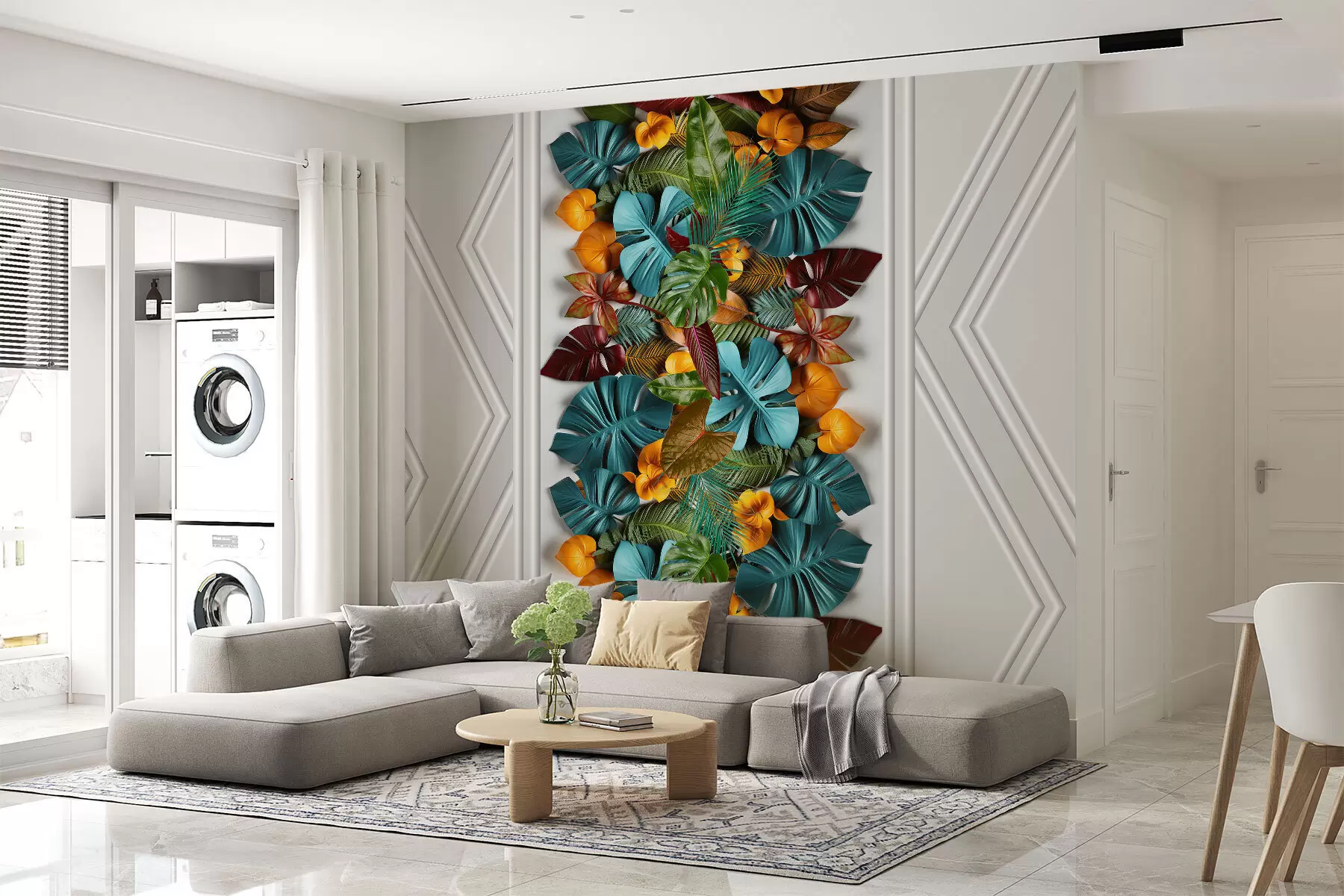 murais de parede papel de parede 3D com folhas tropicais coloridas e geometria sobre um fundo cinzento w01876