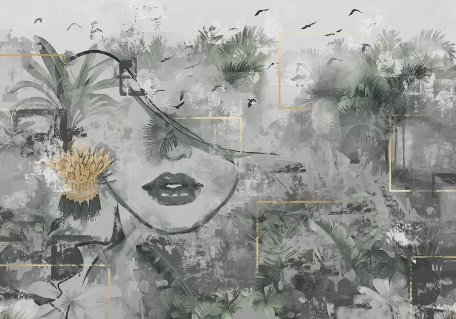 murais de parede Floresta tropical grunge e silhueta de rosto de rapariga w01916