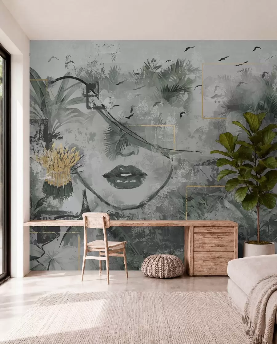 murais de parede Floresta tropical grunge e silhueta de rosto de rapariga w01916