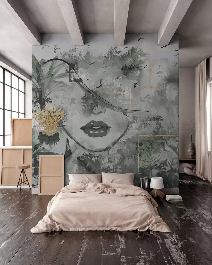 murais de parede Floresta tropical grunge e silhueta do rosto de uma rapariga w01916d1