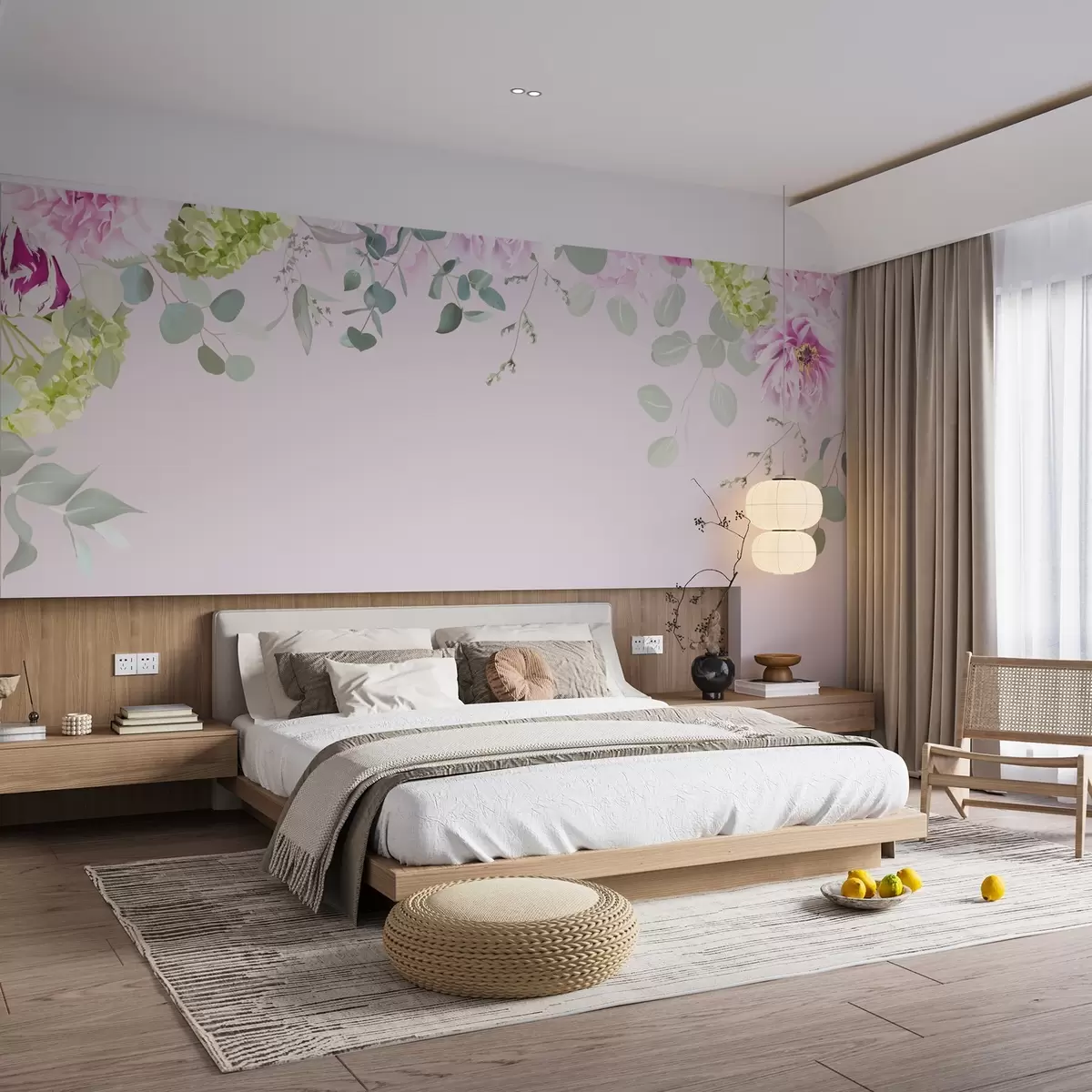 murais de parede flores cor-de-rosa em folhas verdes no topo w02016