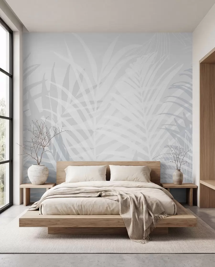 murais de parede Folhas tropicais na moda em azul claro w02026v3