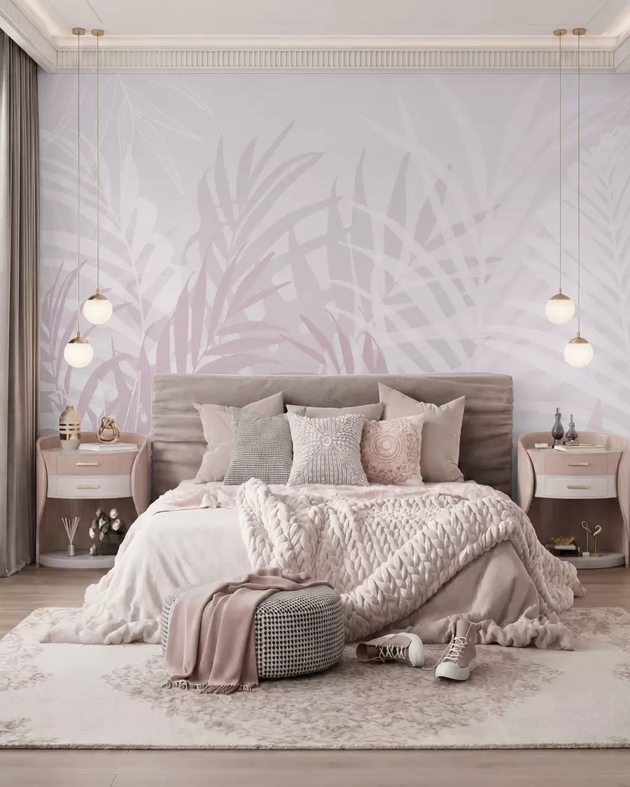 murais de parede Folhas tropicais na moda cor-de-rosa w02026v4