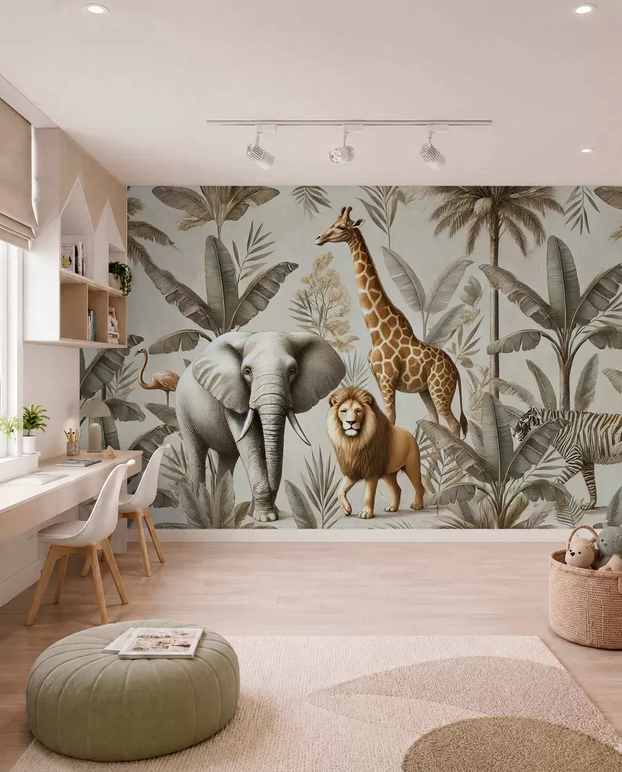 murais de parede Papel de parede infantil Safari com paisagem tropical e vários animais em cores elegantes w01956