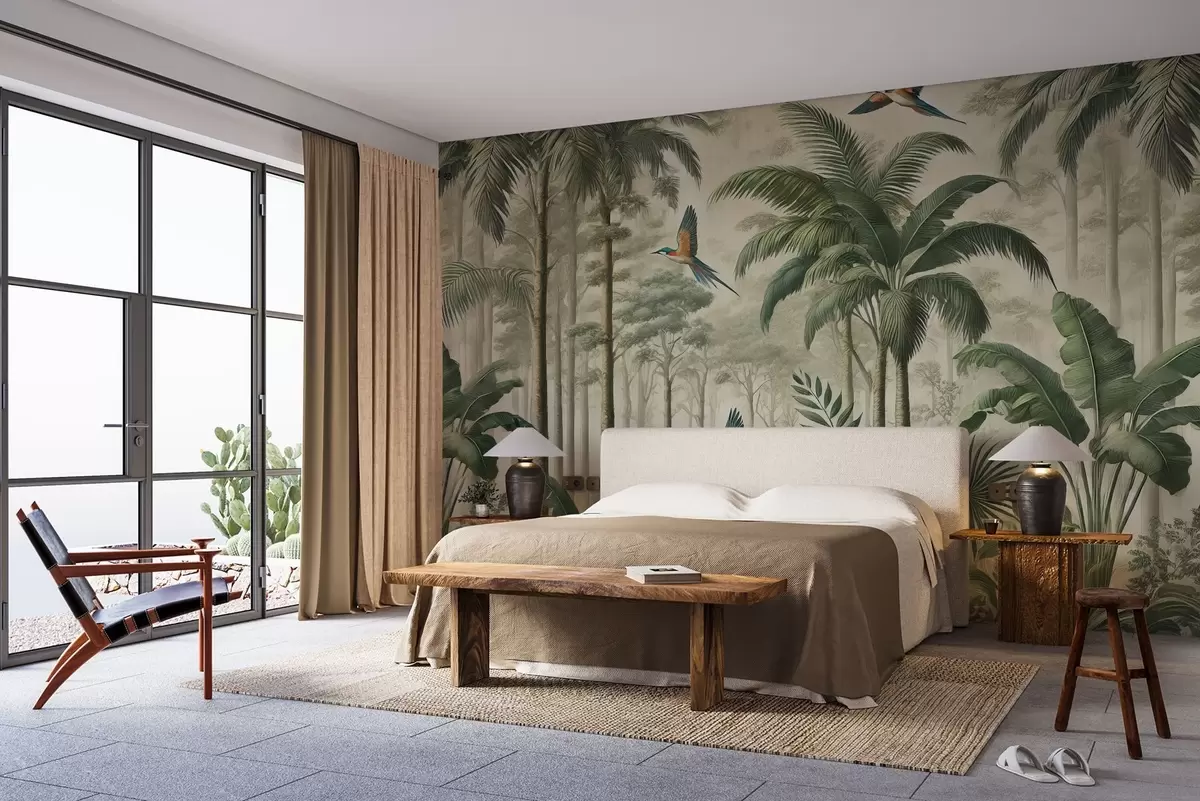 murais de parede Panorama com paisagem tropical e aves w01957