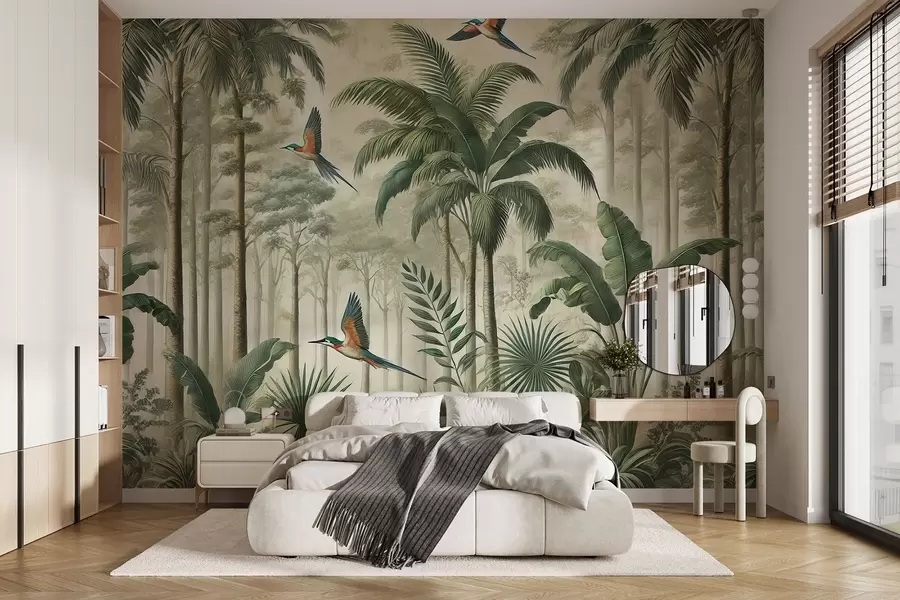 murais de parede Panorama com paisagem tropical e aves w01957