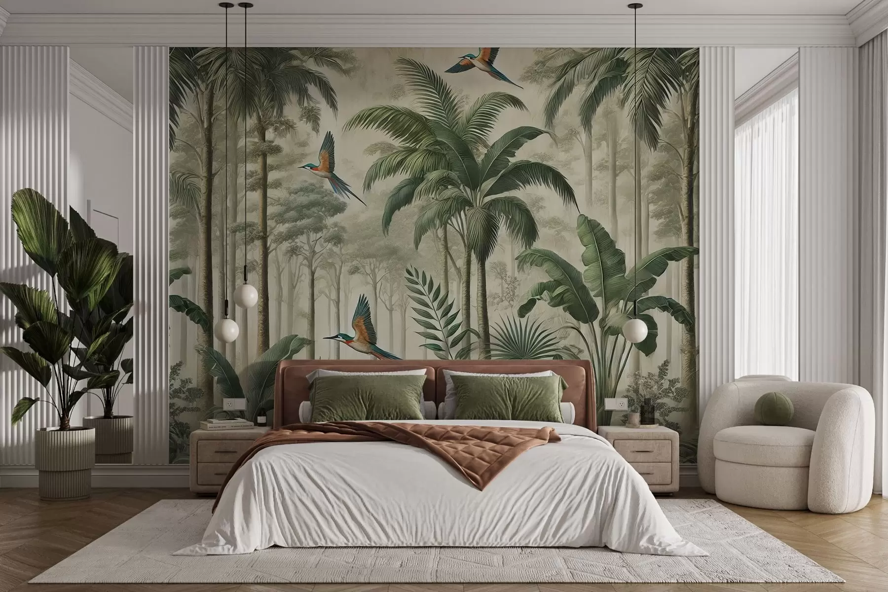 murais de parede Panorama com paisagem tropical e aves w01957