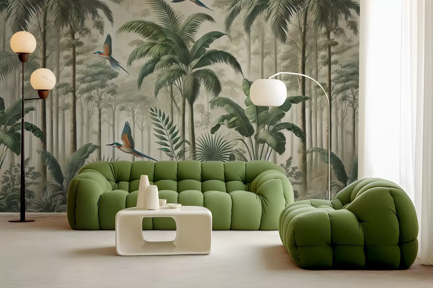 murais de parede Panorama com paisagem tropical e aves w01957