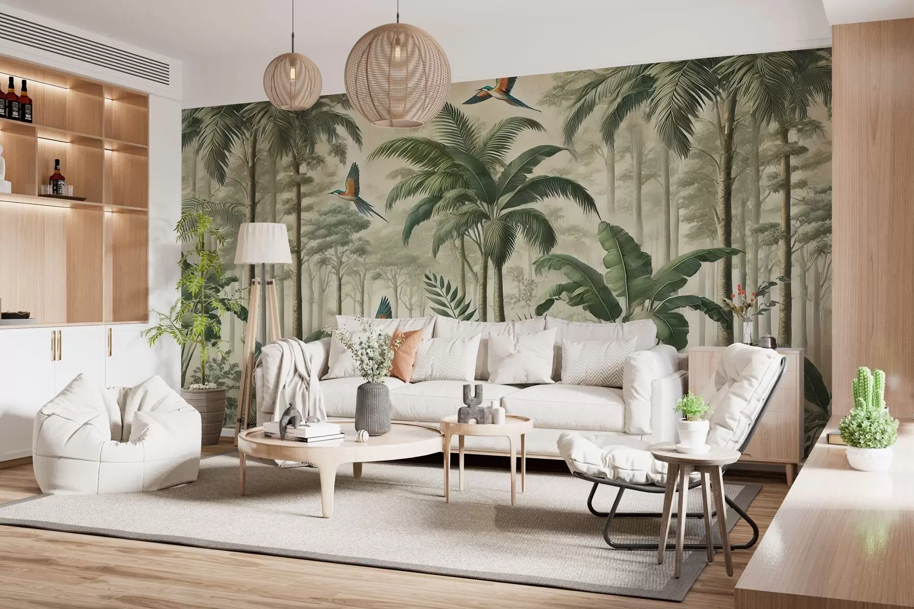 murais de parede Panorama com paisagem tropical e aves w01957