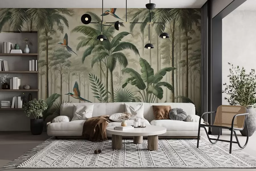 murais de parede Panorama com paisagem tropical e aves w01957