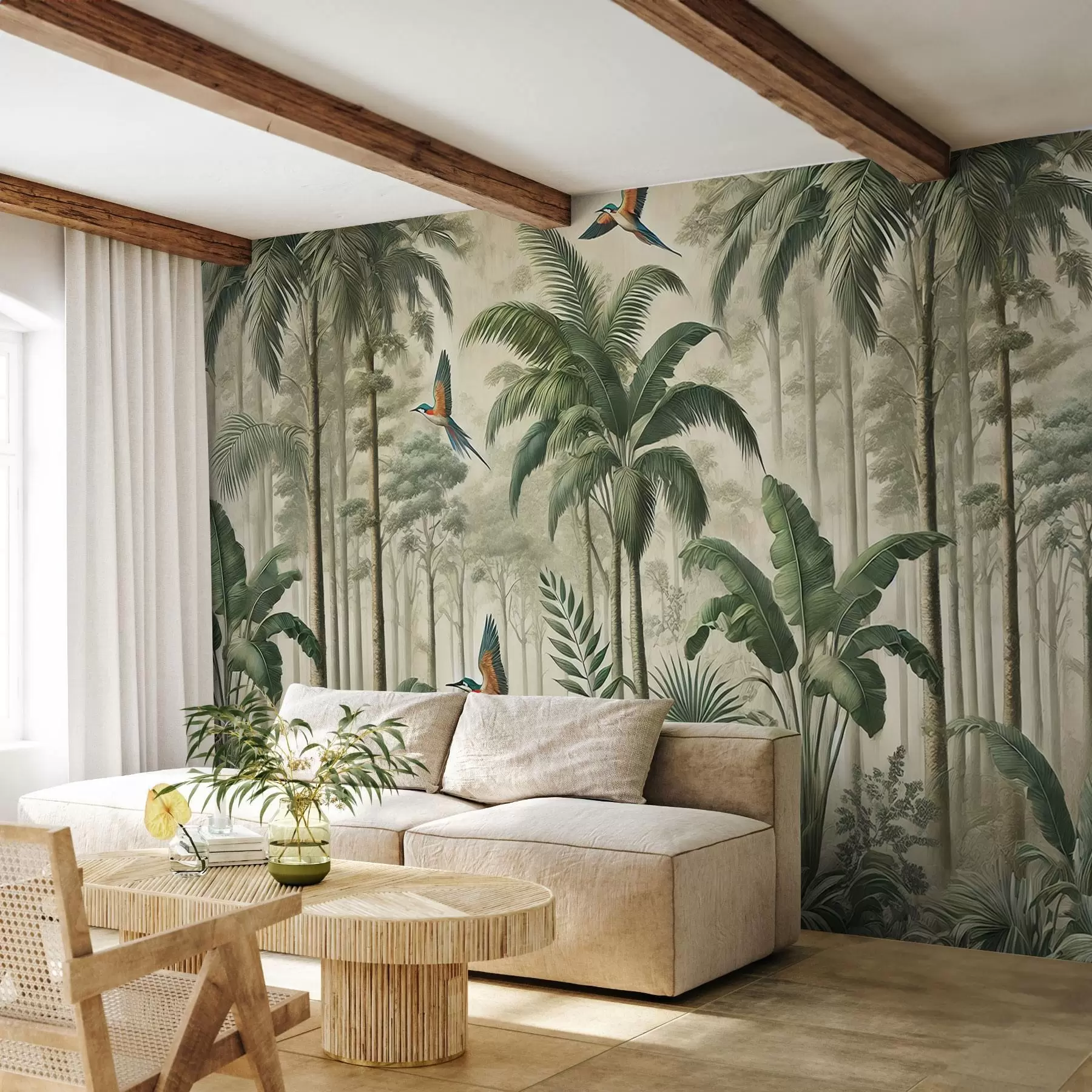murais de parede Panorama com paisagem tropical e aves w01957