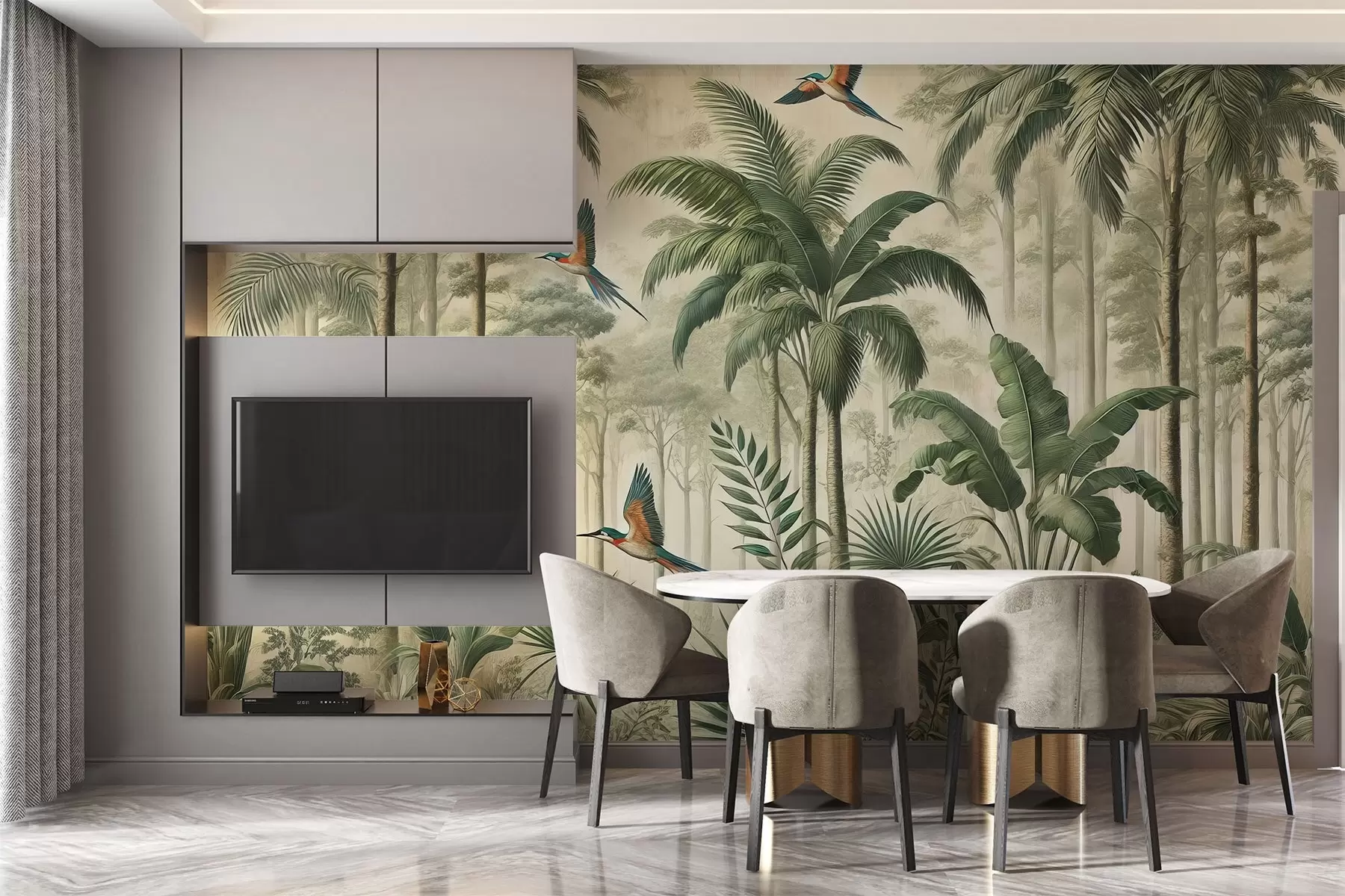 murais de parede Panorama com paisagem tropical e aves w01957