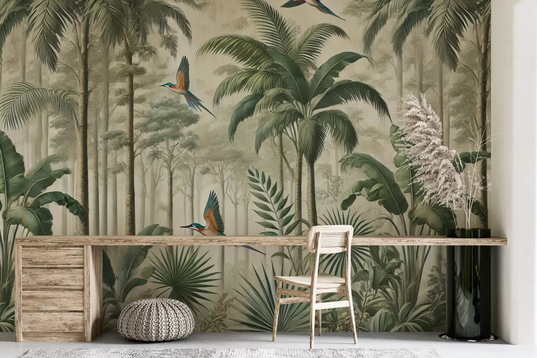 murais de parede Panorama com paisagem tropical e aves w01957