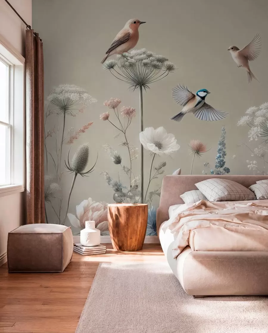 murais de parede Flores silvestres delicadas com pássaros sobre um fundo bege w01958