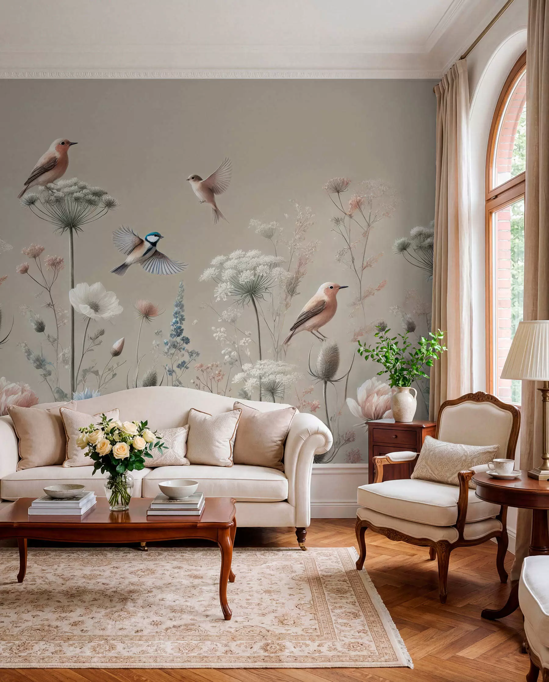 murais de parede Aves do prado em bege suave w01958