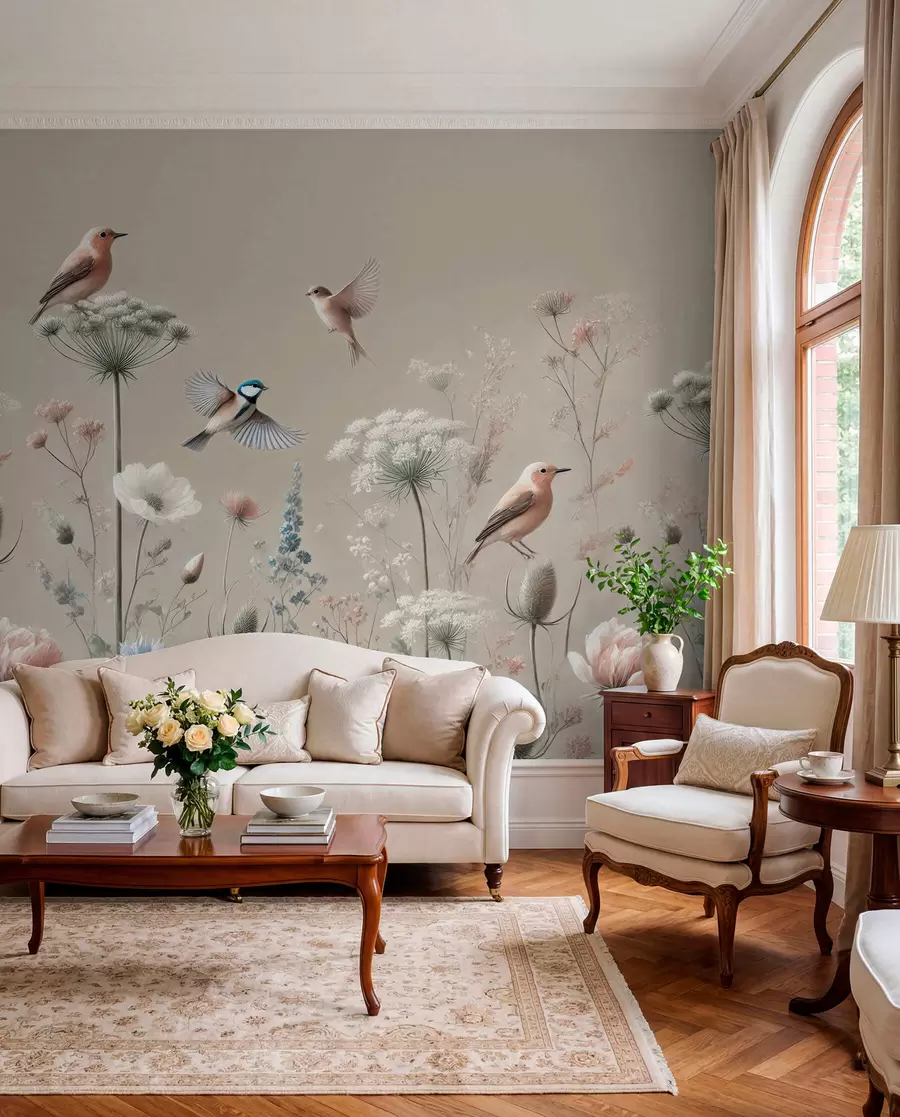 murais de parede Flores silvestres delicadas com pássaros sobre um fundo bege w01958
