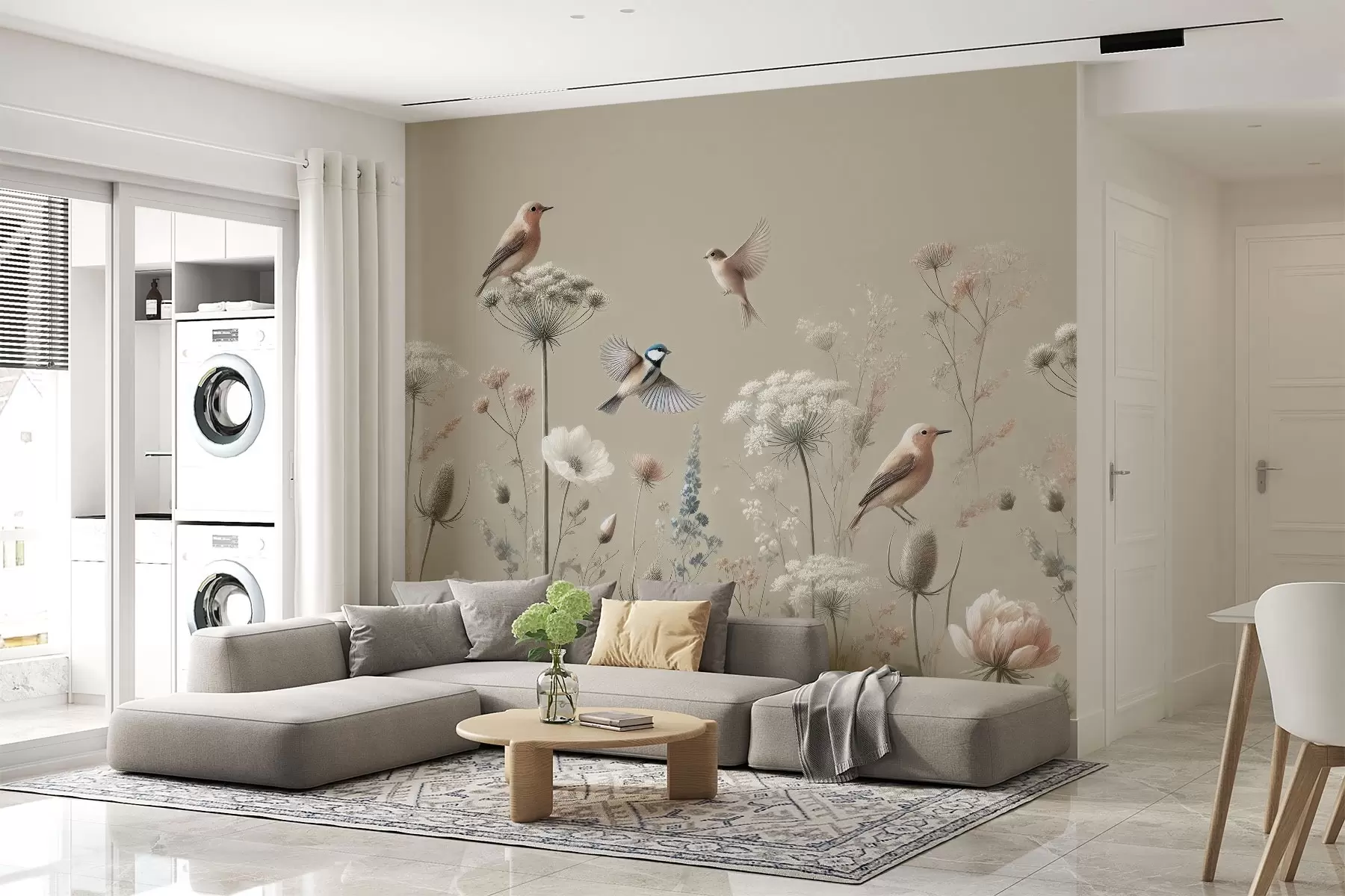 murais de parede Flores silvestres delicadas com pássaros sobre um fundo bege w01958