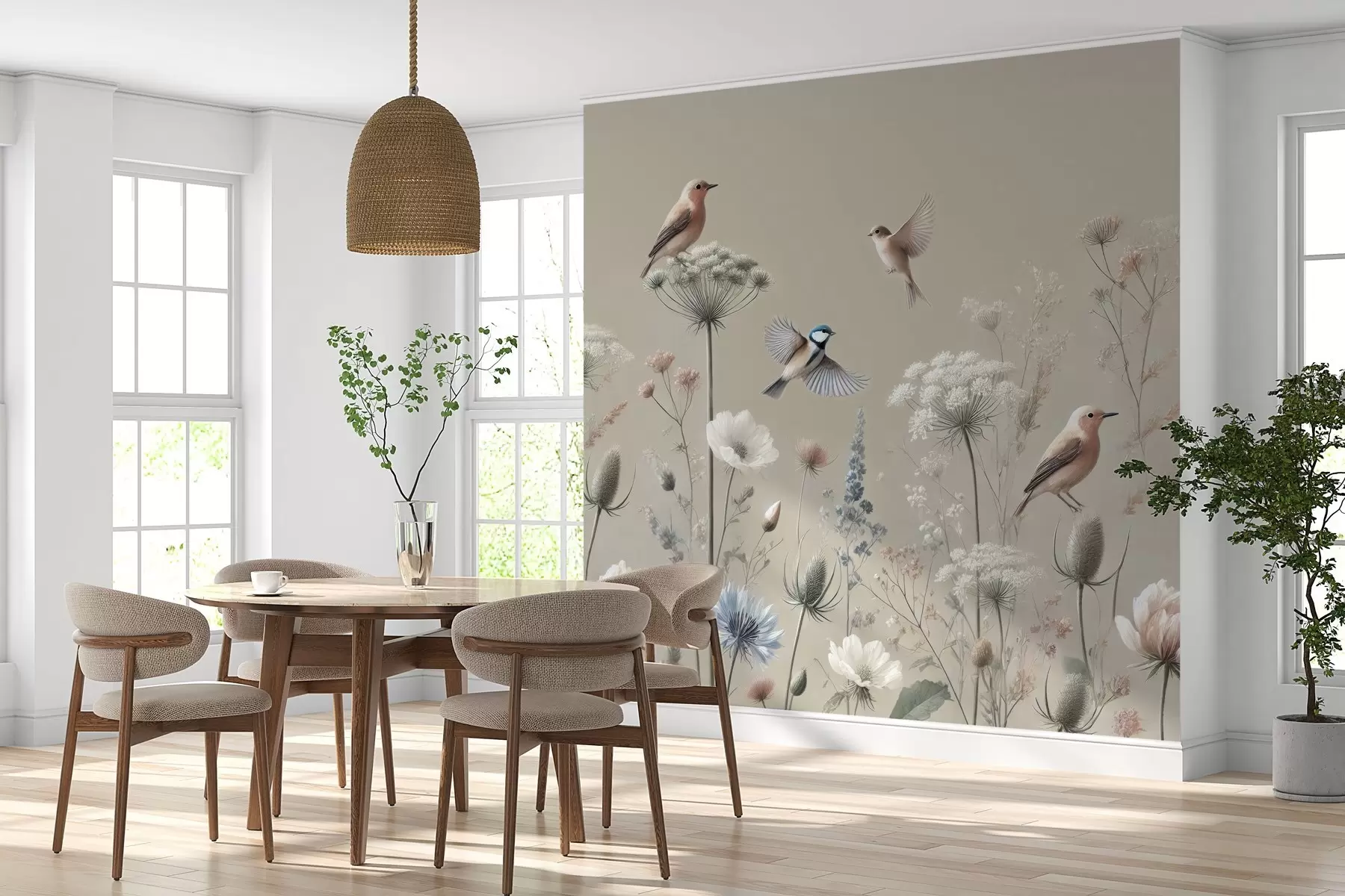 murais de parede Flores silvestres delicadas com pássaros sobre um fundo bege w01958