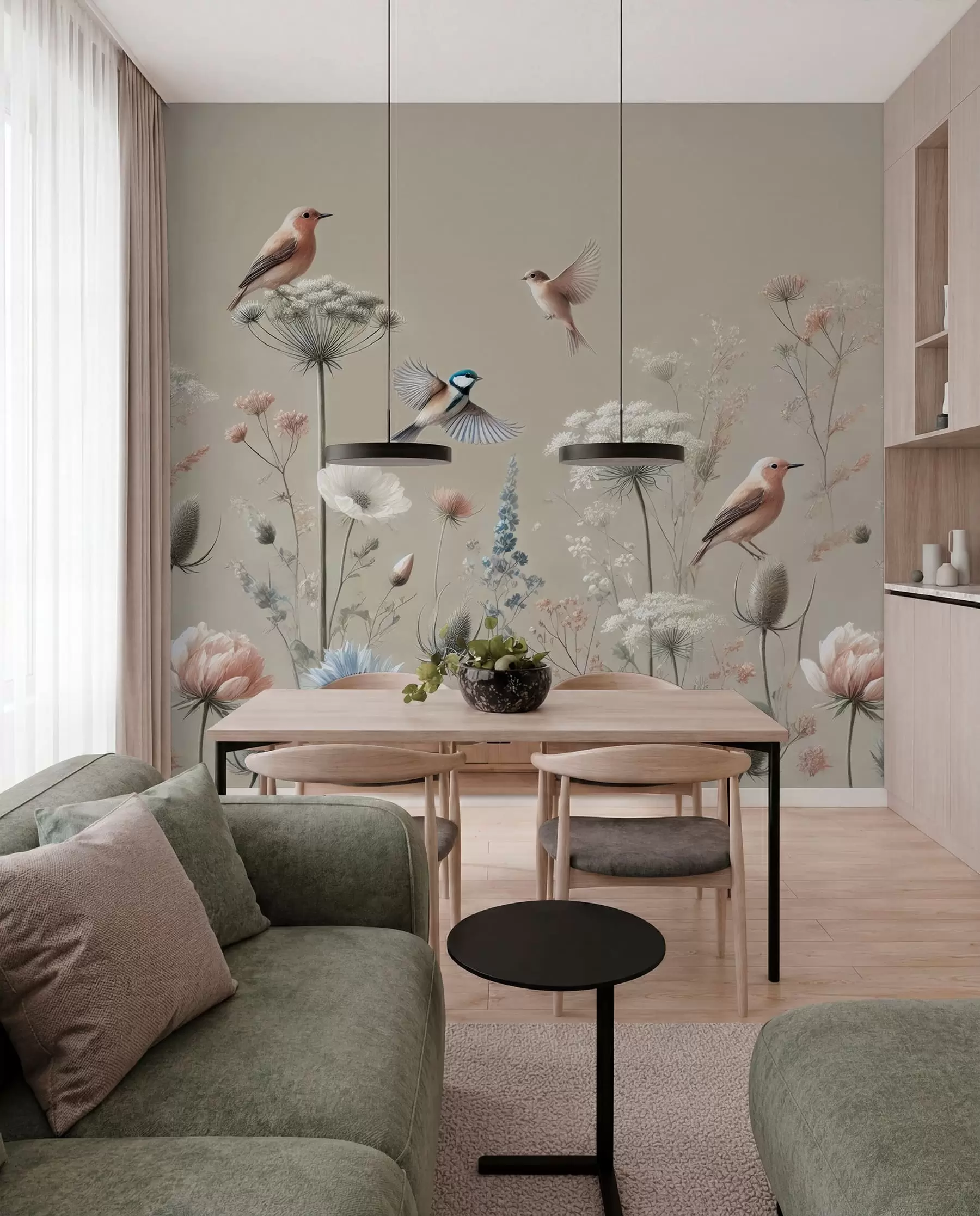 murais de parede Aves do prado em bege suave w01958