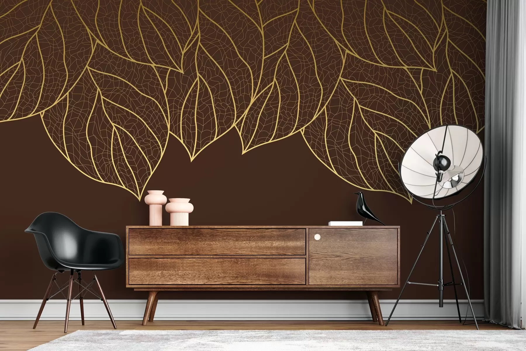 murais de parede Papel de parede minimalista com silhuetas de grandes folhas amarelas com veios num fundo chocolate  w01960v2