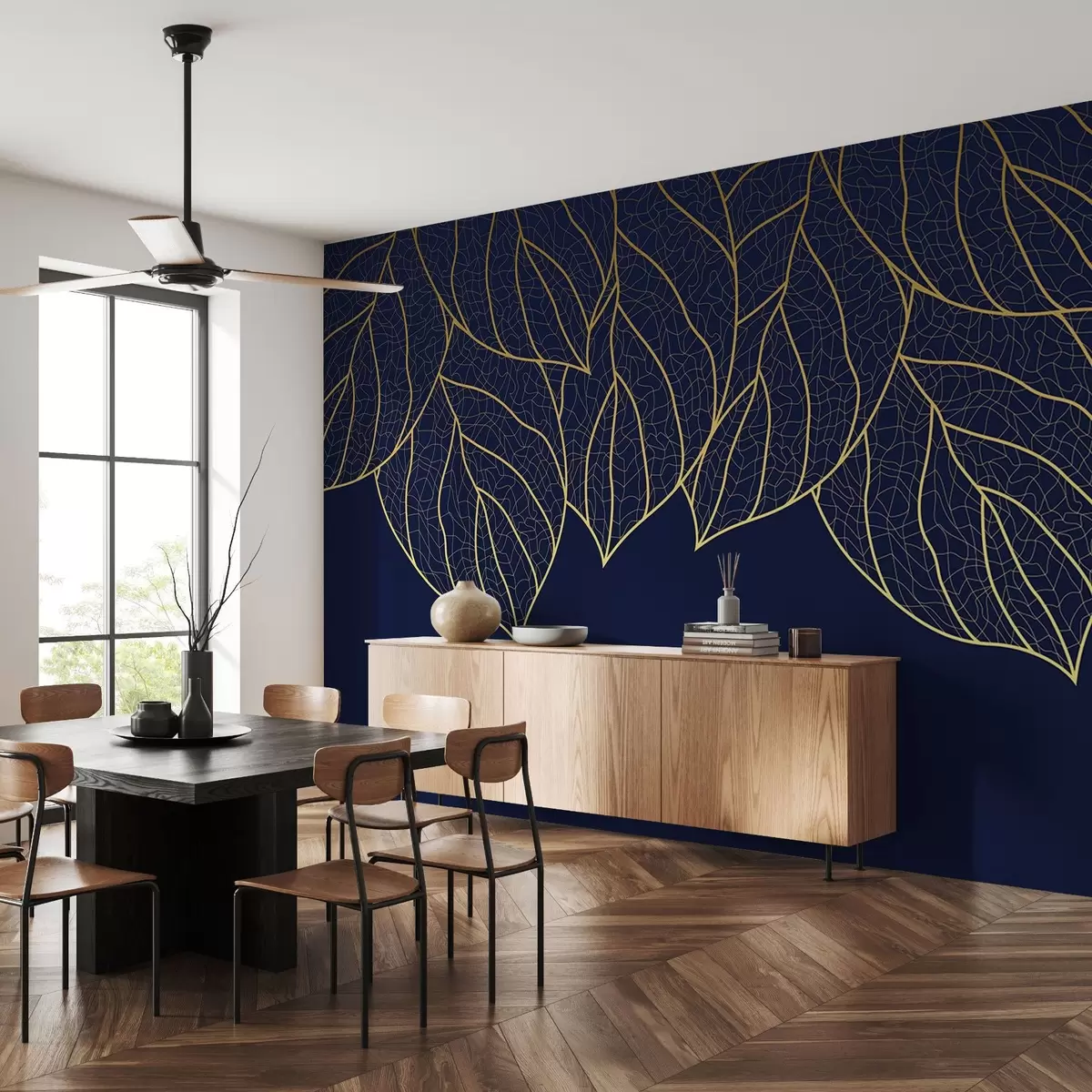 murais de parede Papel de parede minimalista com silhuetas de grandes folhas amarelas com veios sobre um fundo azul  w01960v3