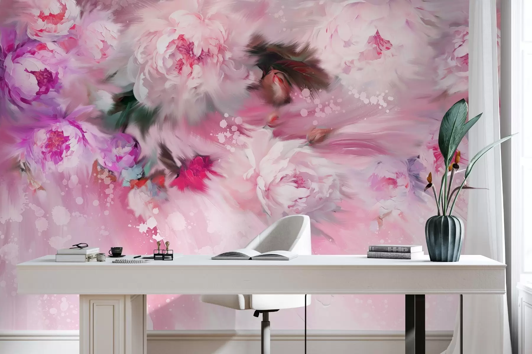 murais de parede Peónias em acrílico, pinceladas, floral, cores rosa pastel suaves w02021v1