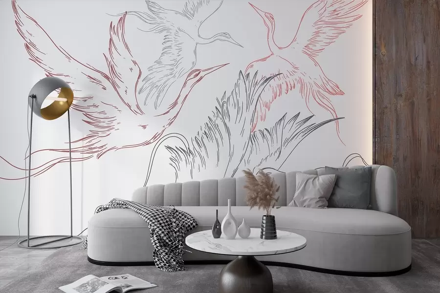 murais de parede Pássaros a voar, minimalismo, arte de linhas, natureza, cores cinzentas e vermelhas w02061v1