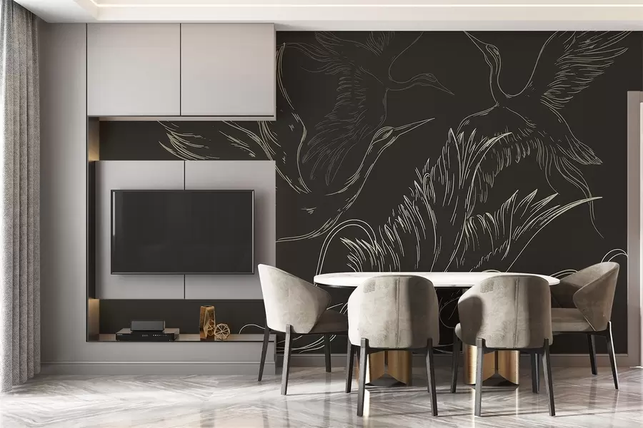 murais de parede Pássaros a voar, minimalismo, arte de linhas, natureza, fundo escuro w02061v3