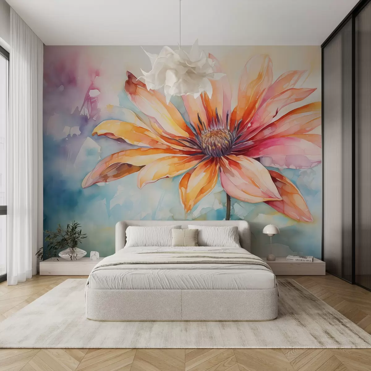 murais de parede Aguarela de flores brilhantes, amarelo, vermelho, azul, roxo w02047