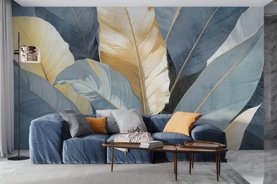 murais de parede Uma vista de perto de grandes folhas tropicais decorativas, exuberantes e texturadas, em tons de azul, verde e amarelo w08373