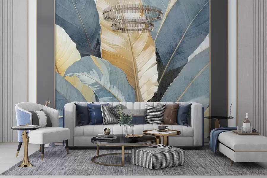 murais de parede Uma vista de perto de grandes folhas tropicais decorativas, exuberantes e texturadas, em tons de azul, verde e amarelo w08373