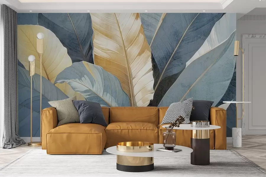 murais de parede Uma vista de perto de grandes folhas tropicais decorativas, exuberantes e texturadas, em tons de azul, verde e amarelo w08373